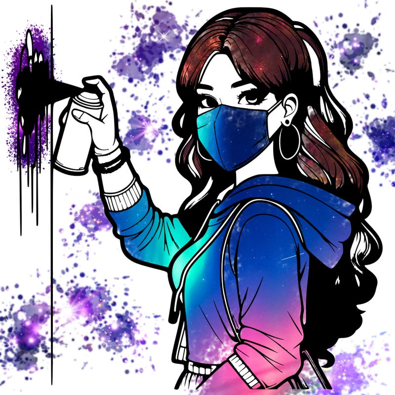 realistic girl with mask spray painting a wall