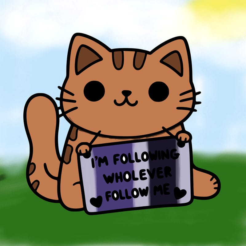 cat with a sign that says i’m following whoever follows me
