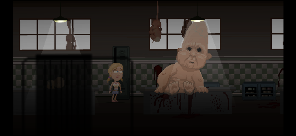 Moth Lake - Uma cena em pixel art de Moth Lake mostrando uma garota em frente a uma criatura perturbadora gigante em uma mesa