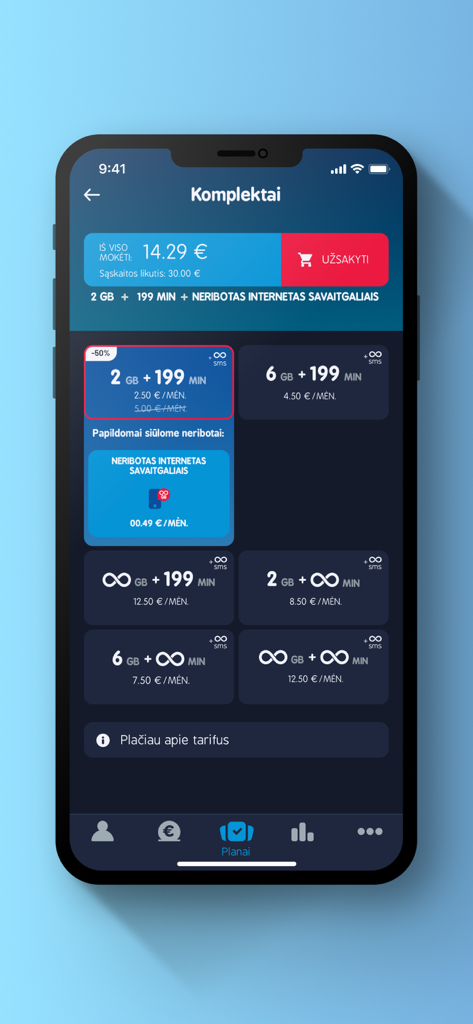 Pildyk mobile app interface showing a variety of prepaid data and call plans for selection.