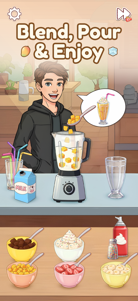 Character making a smoothie with a blender and various fruit toppings