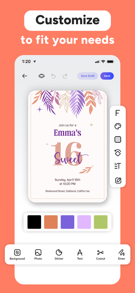 Birthday Invitation Maker ° - Mobile app interface showing customization options for a Sweet 16 birthday invitation card