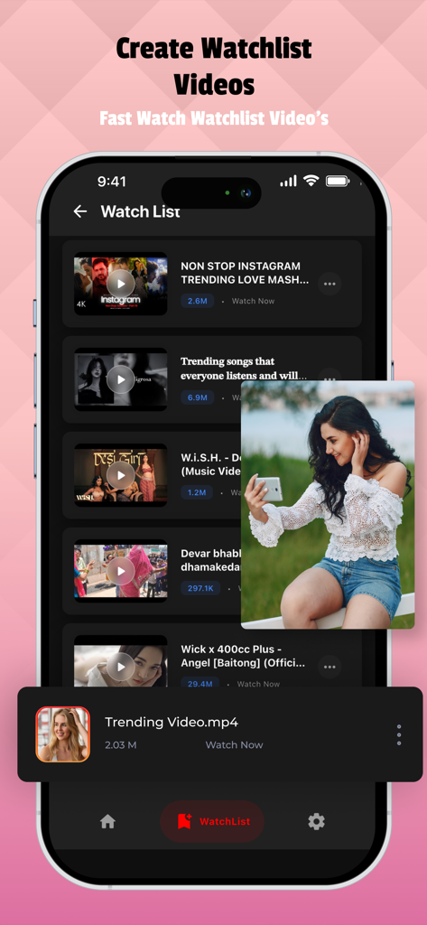 All Video Downloader - Player - Alle Video-Downloader-App-Watchlist-Bildschirm auf dem iPhone, der eine Liste gespeicherter Videos im Dunkelmodus anzeigt
