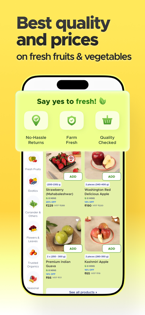 Blinkit mobile app screen displaying a wide selection of fresh fruits and vegetables with fast delivery options
