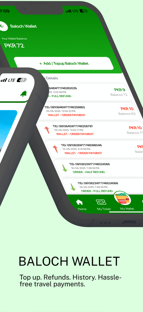 Baloch Transport - Baloch Transport mobile app wallet screen showing balance and transaction history