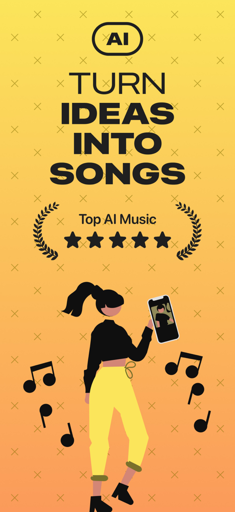 AI Song Maker Music Generator - Una ilustración de una persona sosteniendo un smartphone con notas musicales y el texto Convierte Ideas en Canciones