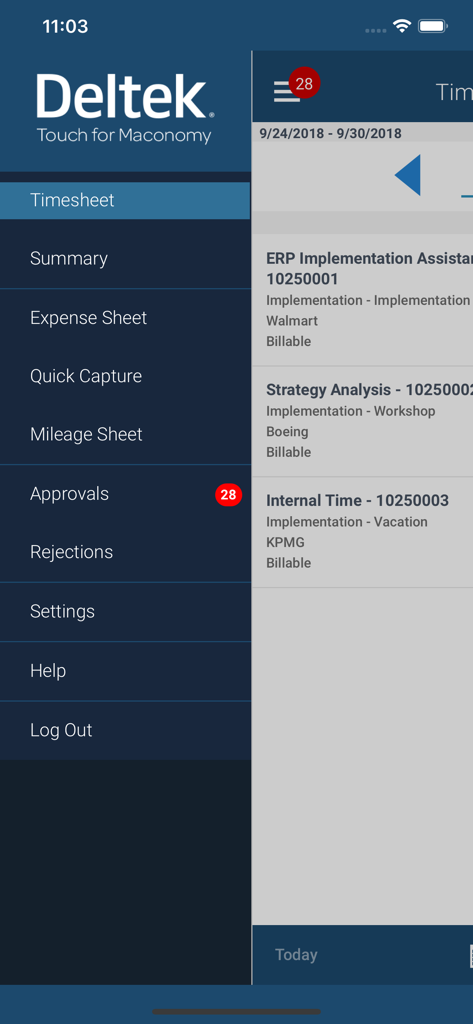 Main navigation menu of the Deltek Touch for Maconomy mobile app showing options for timesheets expenses and approvals