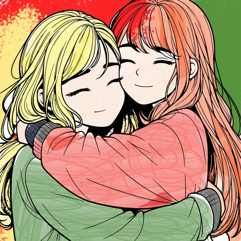 realistic two girls hugging