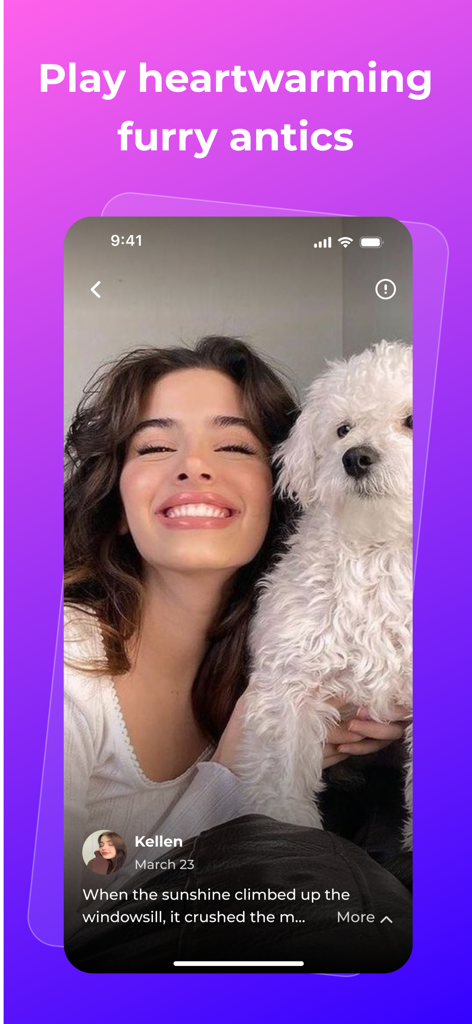 Purify - Meet Friends & Vibe - A screenshot of the Purify app social feed showing a woman smiling and holding a small fluffy white dog