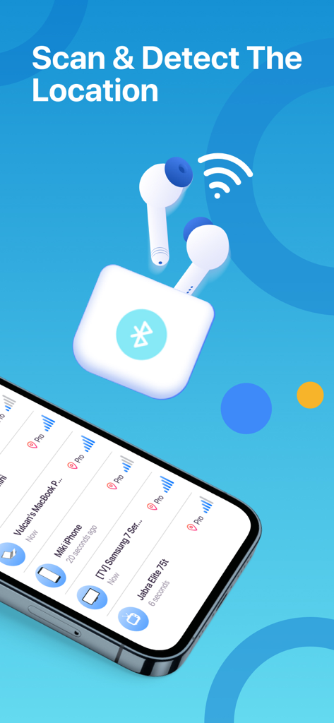Find Air: My Device Tracker - Find Airアプリのインターフェイス。近くのBluetoothデバイスとその信号強度のリストが表示されています。