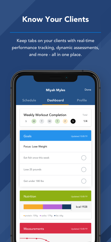 Personal trainer dashboard in the NASM EDGE app showing client fitness goals and nutrition metrics