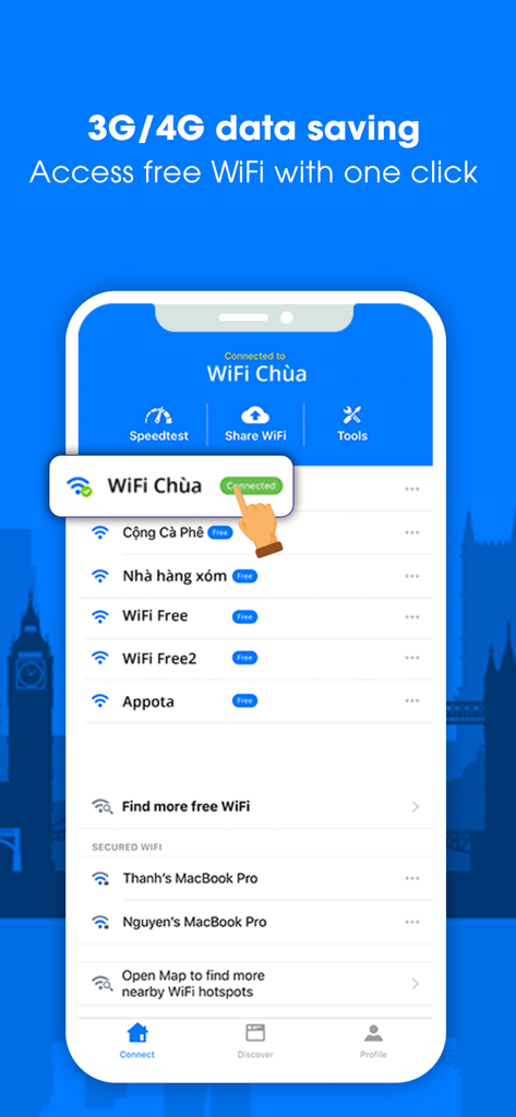 WiFi Chùa VIP - Interface of the WiFi Chùa VIP app showing available free WiFi hotspots and a one-click connection button