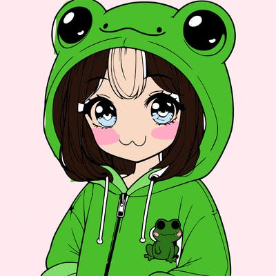 cute realistic girl in a froggy hoodie
