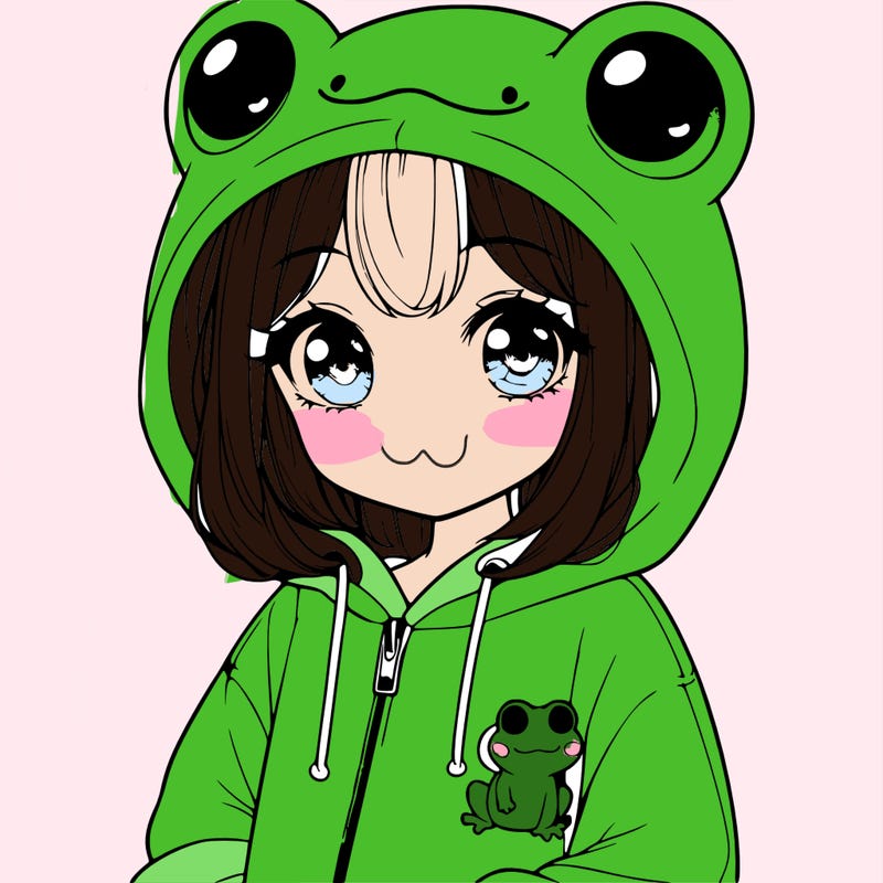 cute realistic girl in a froggy hoodie