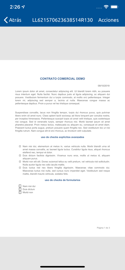 A preview of a commercial contract with checkboxes and dummy text within the Viafirma Documents app interface
