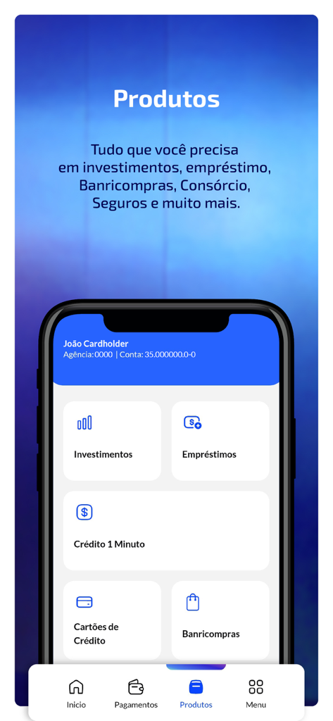Interfaccia dell'app mobile Banrisul che mostra vari prodotti bancari tra cui investimenti, prestiti e carte di credito.