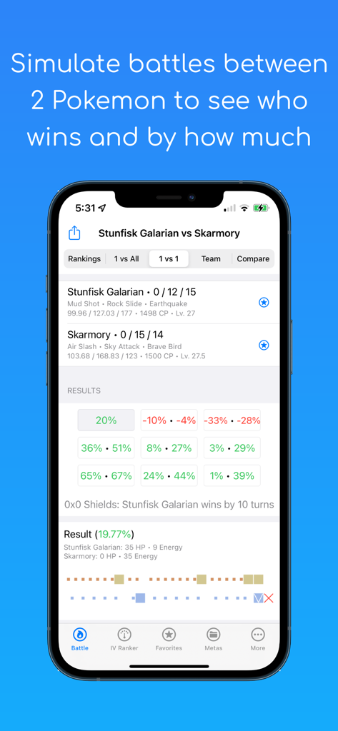 PVP IV app screen showing a 1 vs 1 battle simulation result between Stunfisk and Skarmory
