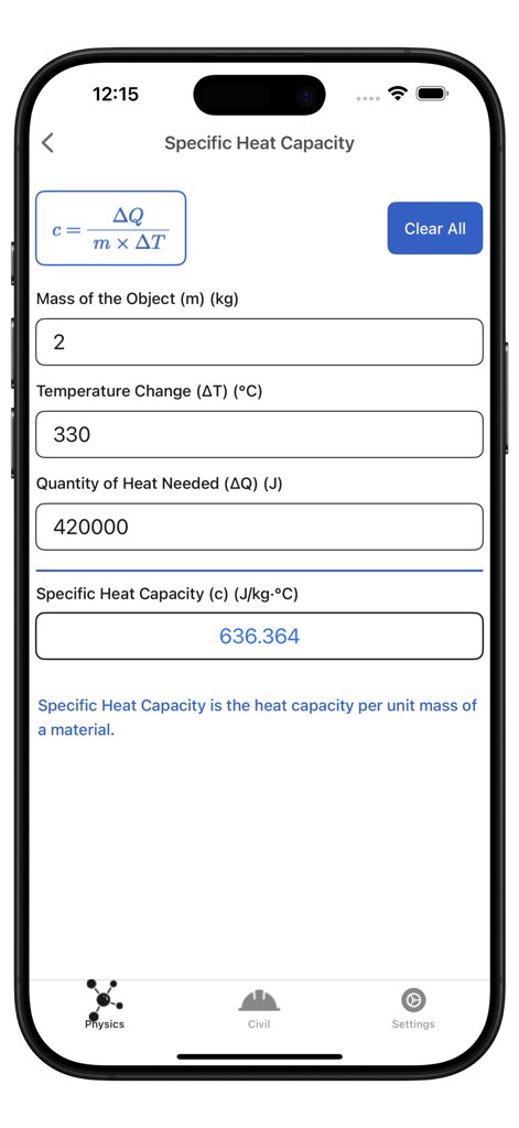 My Physics Calculator - Interface of My Physics Calculator app showing a specific heat capacity calculation with formula and results.