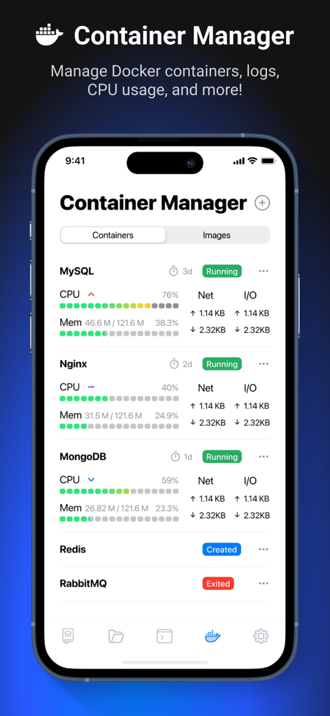 CodeSnack IDE - CodeSnack IDE Container Manager interface showing real-time CPU and memory monitoring for Docker containers like MySQL and Nginx.