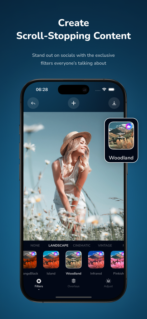 Moody Photo Edit Preset Filter - Moodshot app interface on iPhone showing a woman in a flower field with cinematic filters applied.