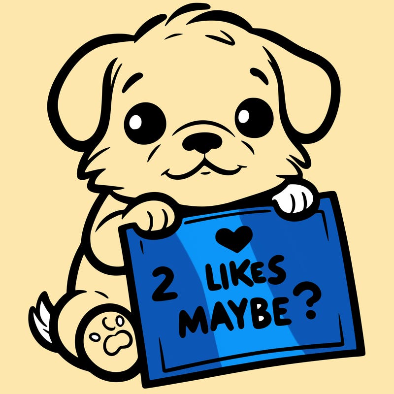 a puppy holding a sign that says 2 likes maybe?