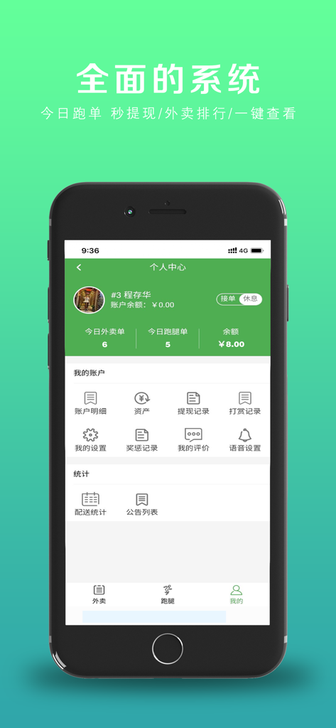 点外卖吧配送 - Order Takeout Delivery courier app dashboard showing delivery statistics and account balance