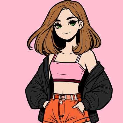 a realistic girl with a crop top and short shorts in an open jacket