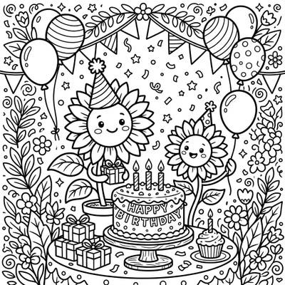 Bring joy to the party with this delightful coloring page featuring cute dwarf sunflowers celebrating a birthday! Adorned with party hats, balloons, cake, and presents, it's a scene brimming with festive cheer.