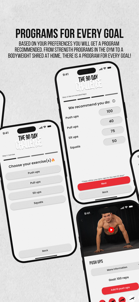 Screenshots of the 90 Day Challenge app showing personalized workout recommendations and tracking