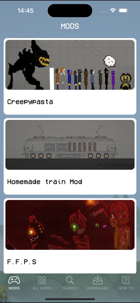 Ragdoll Mods For Sandbox PG - Interface do aplicativo Ragdoll Mods For Sandbox PG mostrando mods de Creepypasta e Trem para Melon Sandbox.