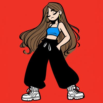 girl in baggy pants crop top and long hair