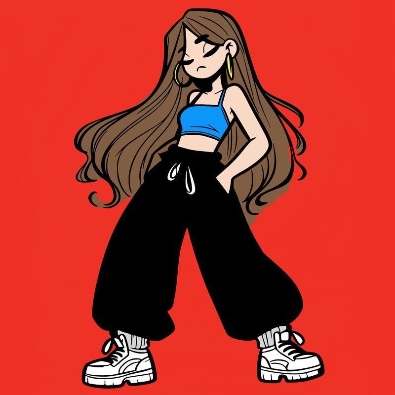 girl in baggy pants crop top and long hair