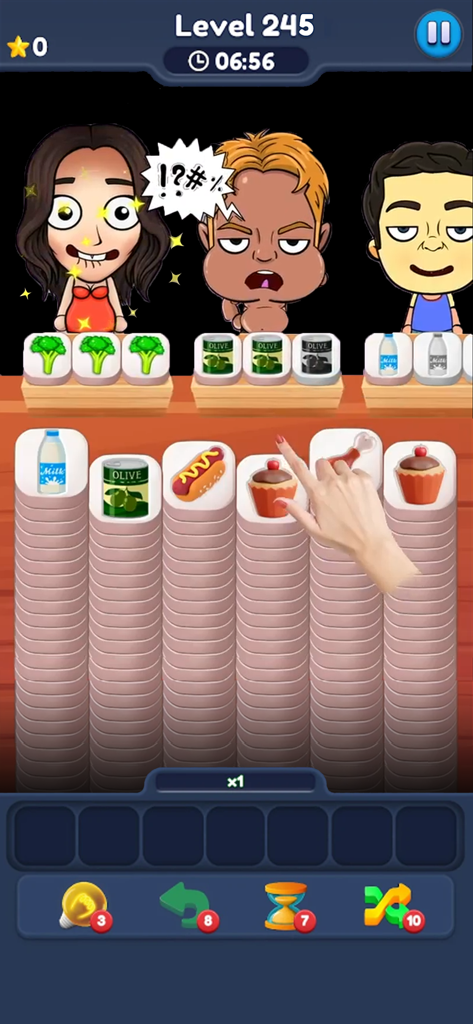 Food Match 3D: Tile Puzzle - Gameplay de Food Match 3D montrant des piles de tuiles de nourriture et des clients attendant leurs commandes au niveau 245