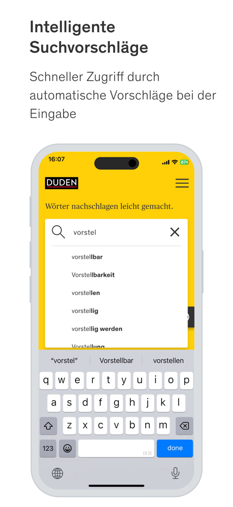 Duden app interface on a smartphone showing automatic search suggestions for German vocabulary.