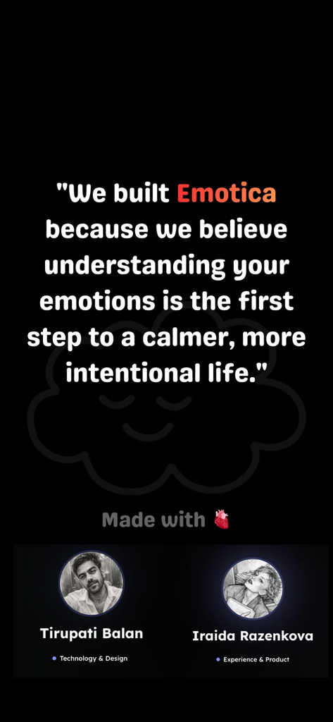 Emotica: Mood Tracker & Diary - Mission statement for Emotica app with photos of founders Tirupati Balan and Iraida Razenkova.