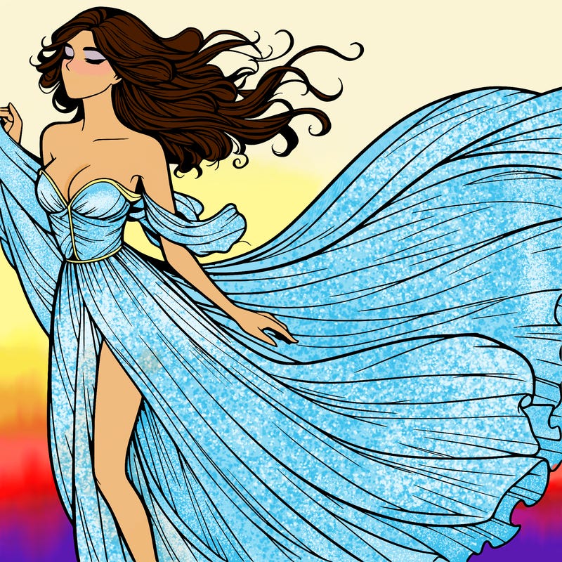 realistic woman in dress flowing the the wind