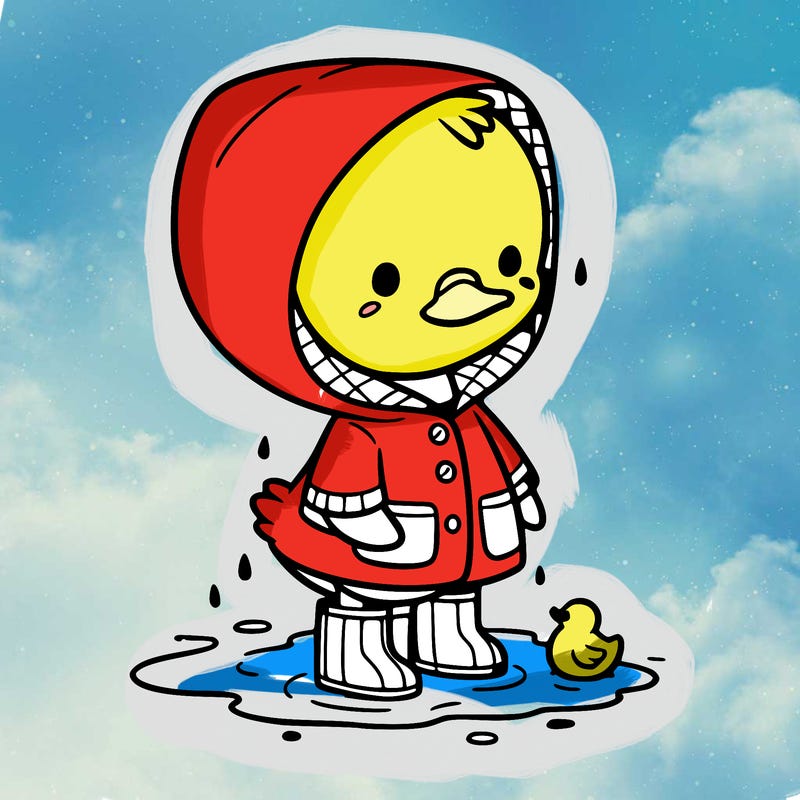 baby duck in a rain coat and boots, in a puddle while it’s raining