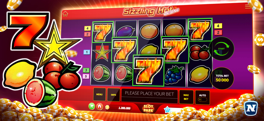 Slotpark Casino Slots Online - Slotpark CasinoのSizzling Hot Deluxeスロットマシンゲームプレイ、クラシックなフルーツシンボルと幸運の炎のセブンが登場