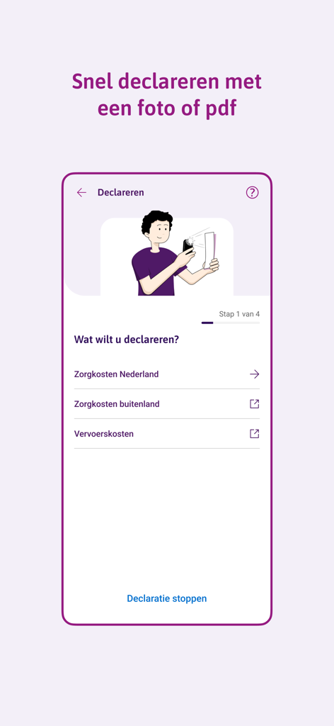 A screenshot of the IZZ Zorgverzekering app showing the first step of submitting a healthcare claim with an illustration of a person taking a photo of a bill.