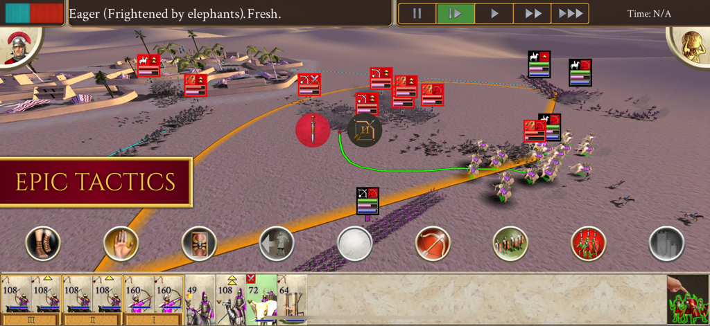 ROME: Total War - ROME Total War gameplay showing real time battle tactics with army units in a desert setting