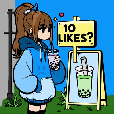 girl with oversized hoodie drinking boba and she has a high ponytail with a sign that says 10likes?