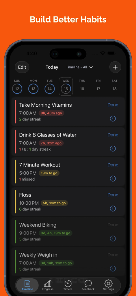 Habit Hub: Routine & Schedule - Panel de la aplicación Habit Hub que muestra un horario diario con seguimiento de hábitos codificado por colores y rachas de finalización.