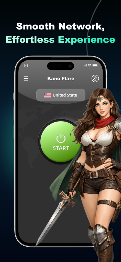 Kano Flare-Flow Glide - Interface do aplicativo Kano Flare-Flow Glide com um botão de início verde para conexão VPN e uma ilustração de personagem de guerreiro de fantasia
