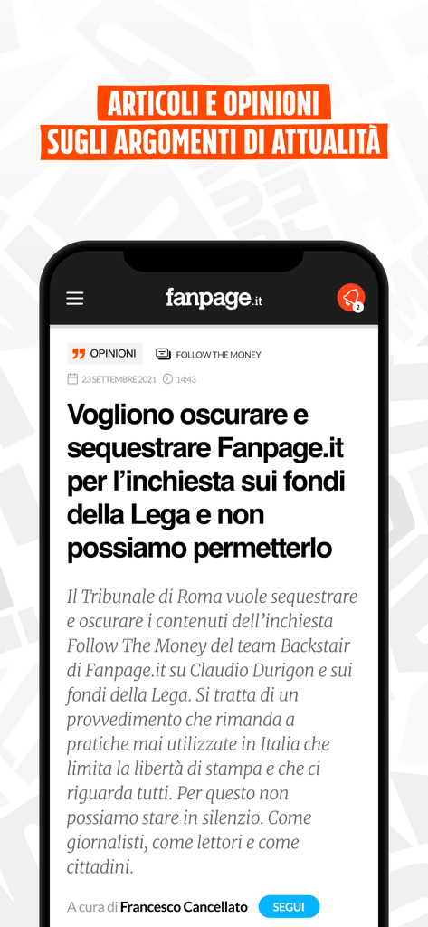 Fanpage - A smartphone showing a news article from the Fanpage app with an Italian headline about current events and investigative journalism.