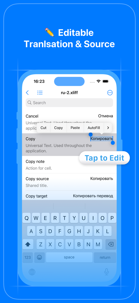 Interface showing editable translation and source text in an XLIFF file on a mobile device