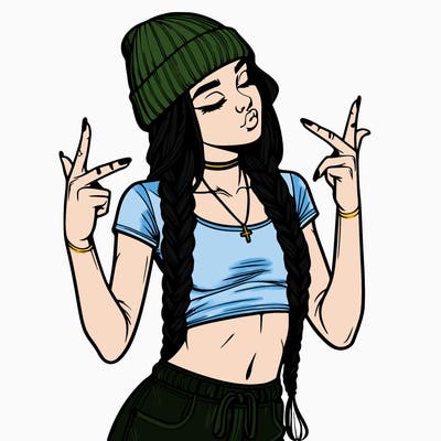 realistic teenage girl with braids and a beanie and crop top doing 🫶🏼