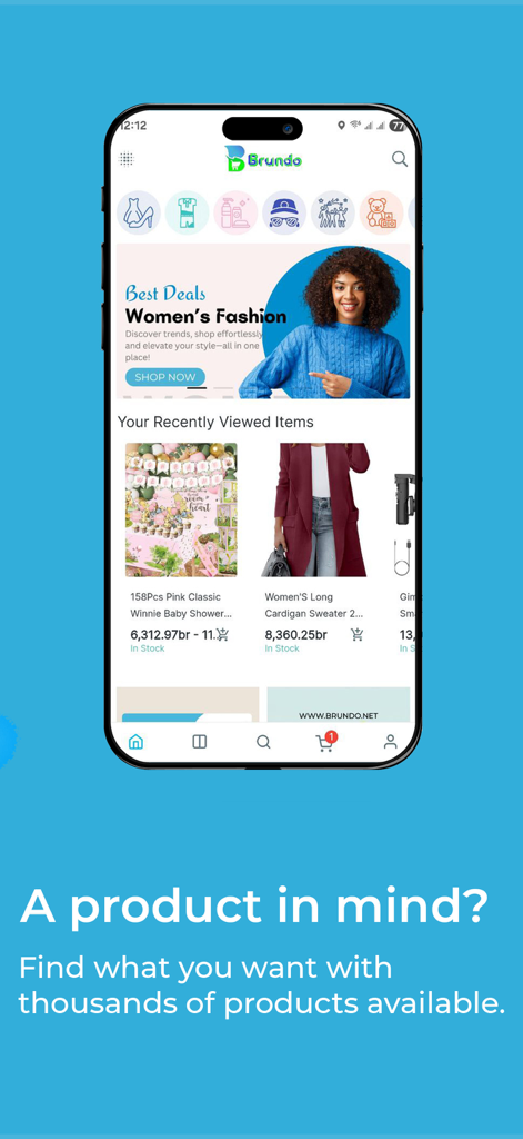 Brundo Shopping - Ethiopia - Brundo Shopping app home screen displaying women's fashion deals and products with prices in Ethiopian Birr.
