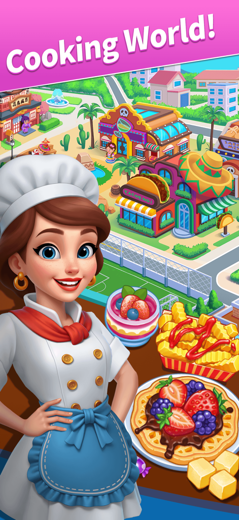 Smiling female chef standing in front of a vibrant city map with global restaurants and delicious food illustrations