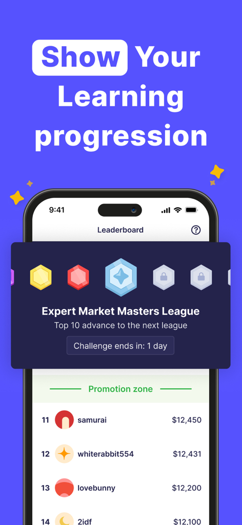 Finelo: Master Trading - Quadro de líderes do aplicativo de trading Finelo mostrando rankings de usuários e progressão na liga de mestres do mercado.
