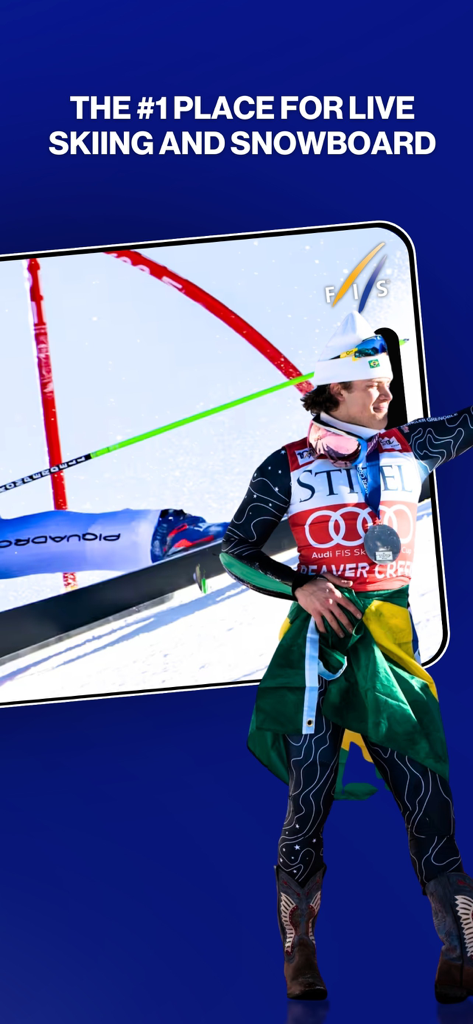 FIS Official: Ski & Snowboard - Schermata promozionale dell'app FIS Official che mette in evidenza i contenuti dal vivo di sci e snowboard